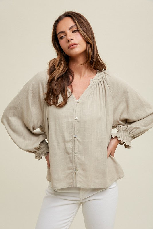 The Tessa Button-Up Blouse in Stone