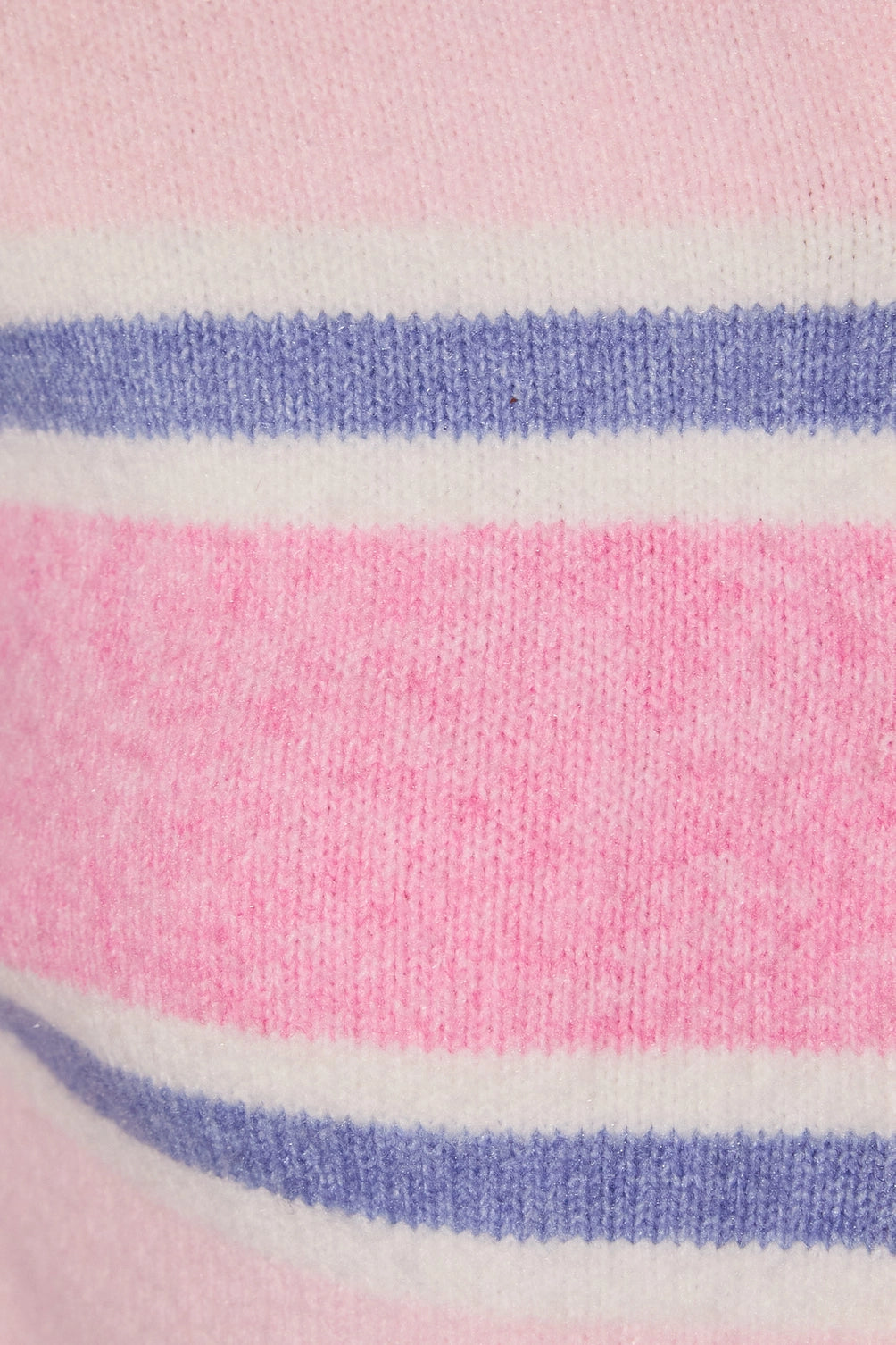 A women's light pink, white, and periwinkle blue horizontally striped long-sleeve knit cardigan sweater featuring a crew neckline, front button placket, and relaxed drop shoulders.