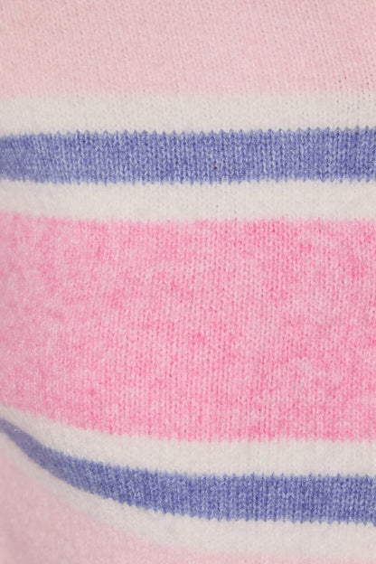 A women's light pink, white, and periwinkle blue horizontally striped long-sleeve knit cardigan sweater featuring a crew neckline, front button placket, and relaxed drop shoulders.