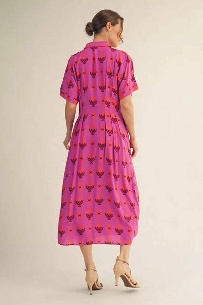 The Amara Patterned Button-Up Dress in Magenta