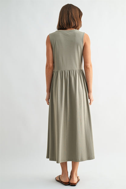 Olive knit tank midi dress. T-shirt neck with pockets. 