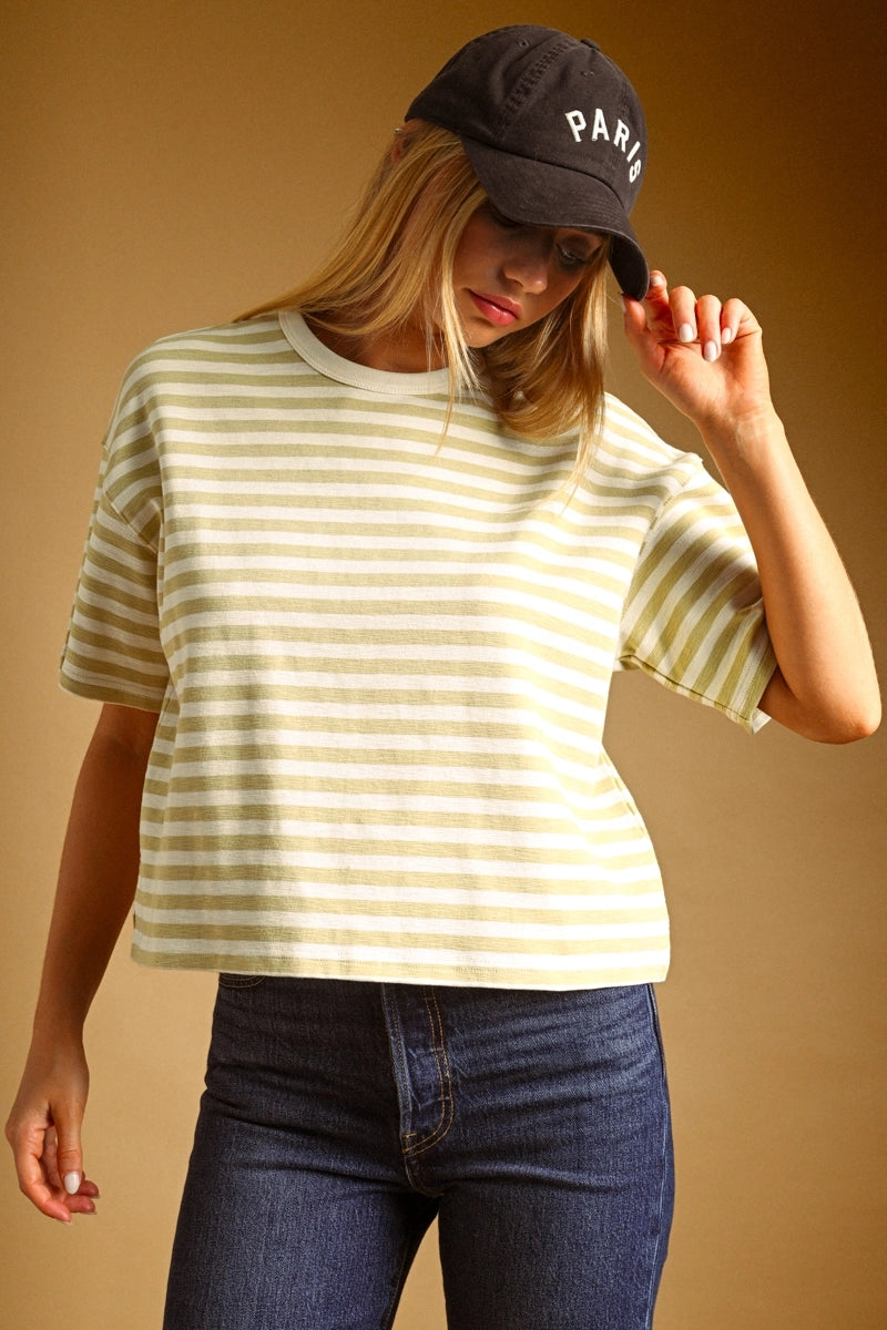 A women's short-sleeve crewneck t-shirt featuring a pastel lemon yellow and white horizontal stripe pattern in a relaxed fit.