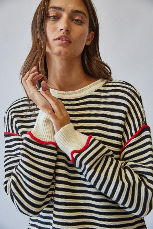 The Renna Striped Sweater in Black + Cream