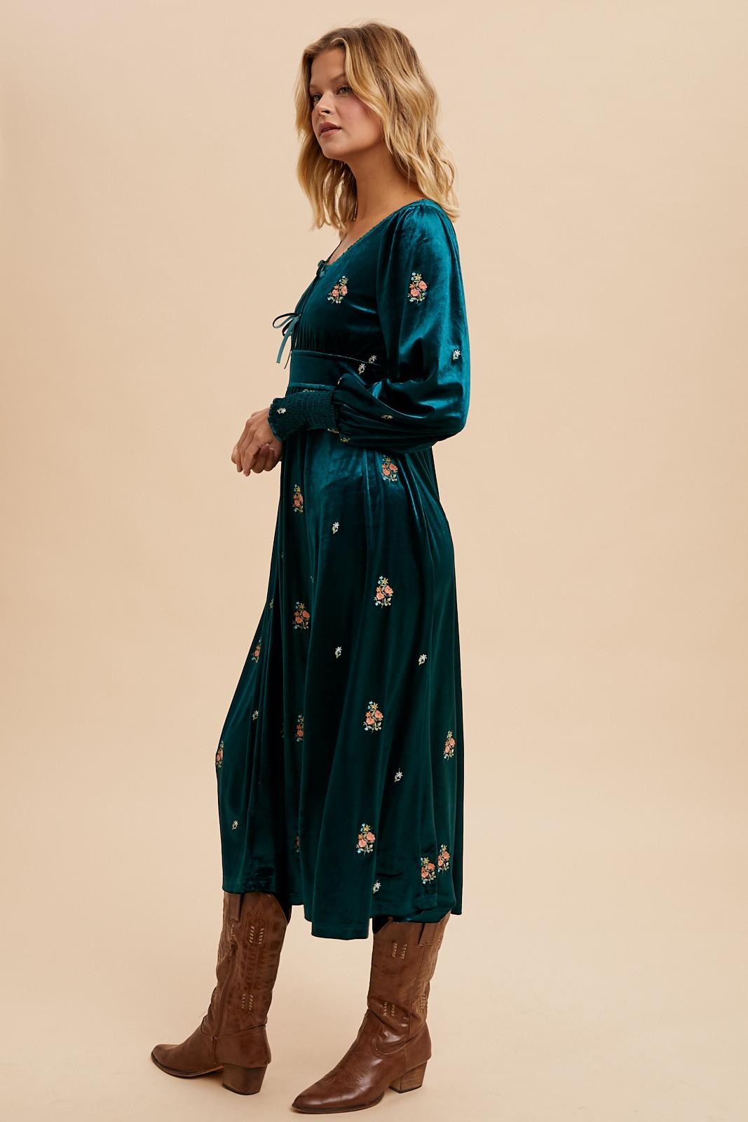 The Mickie Embroidered Dress in Emerald Velvet