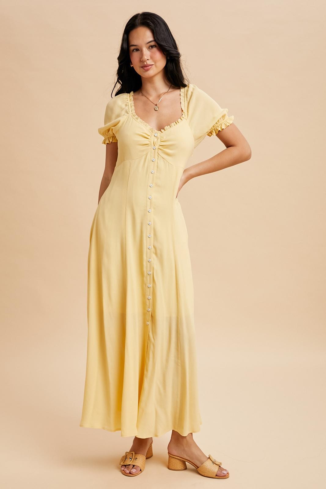 The Sol Button Down Maxi Dress in Lemon Water