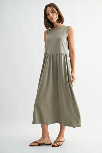 Olive knit tank midi dress. T-shirt neck with pockets. 