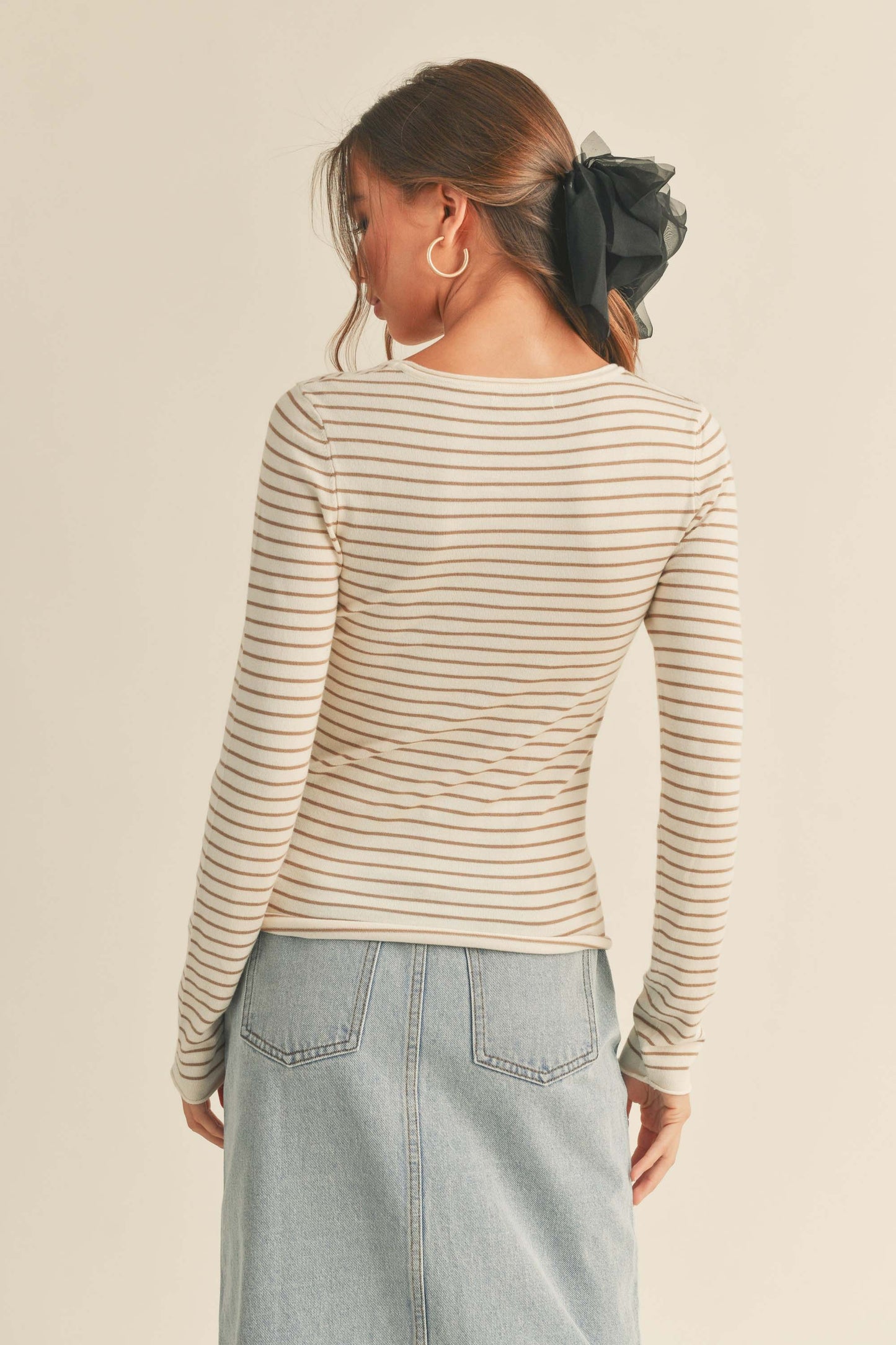 Pre-Order: The Spencer Striped Long Sleeve Blouse in Taupe + Cream
