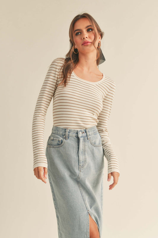 Pre-Order: The Spencer Striped Long Sleeve Blouse in Taupe + Cream