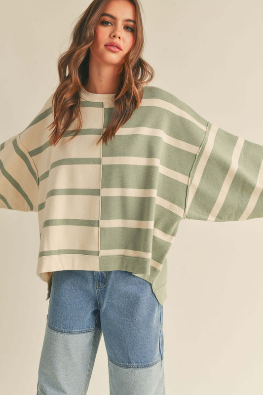 Pre-Order: The Lionel Striped Sweater in Sage + Cream