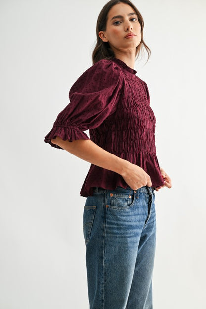 The Romy Smocked Top in Burgundy
