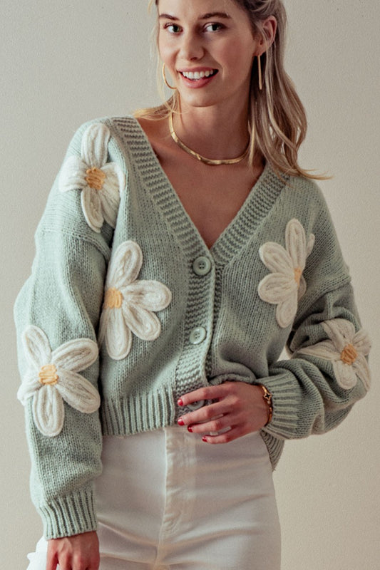 Pre-Order: The Beryl Floral Knit Cardigan in Mint