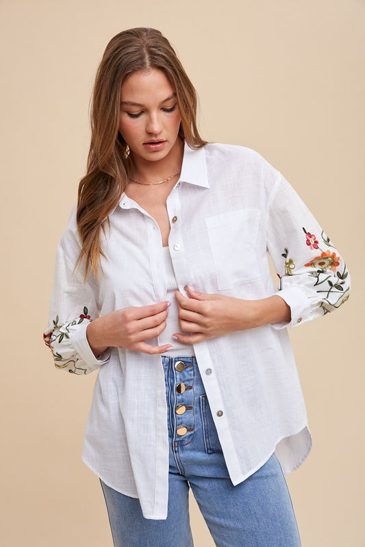 The Marian Embroidered Sleeve Button Down Blouse