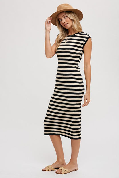 The Winnifred Striped Midi Dress in Black and Taupe