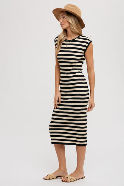 The Winnifred Striped Midi Dress in Black and Taupe