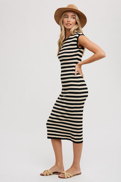 The Winnifred Striped Midi Dress in Black and Taupe