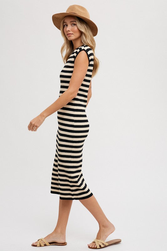 The Winnifred Striped Midi Dress in Black and Taupe