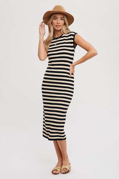 The Winnifred Striped Midi Dress in Black and Taupe