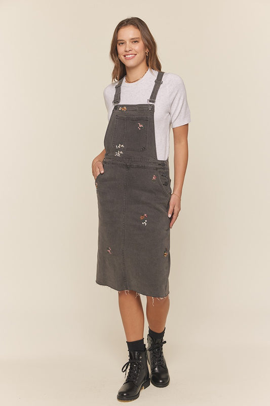 The Darlington Embroidered Overall Denim Dress in Black