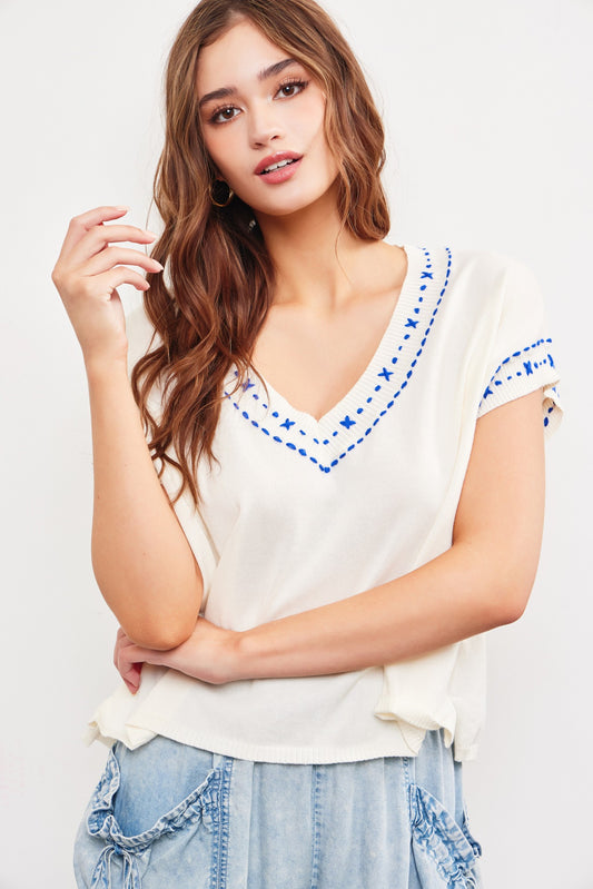 The Mayor V -Neck Stitch Detail Blouse in Off White
