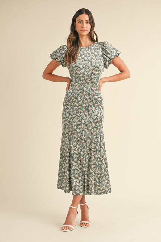 The Odette Ditzy Floral Dress in Green Velvet