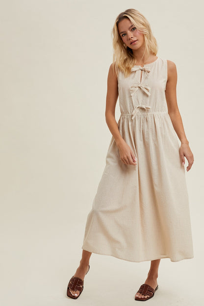 The Zhane Striped Bow Detail Dress in Cream + Mocha