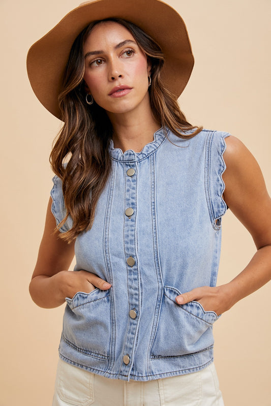 The Delora Button-Up Vest in Light Denim