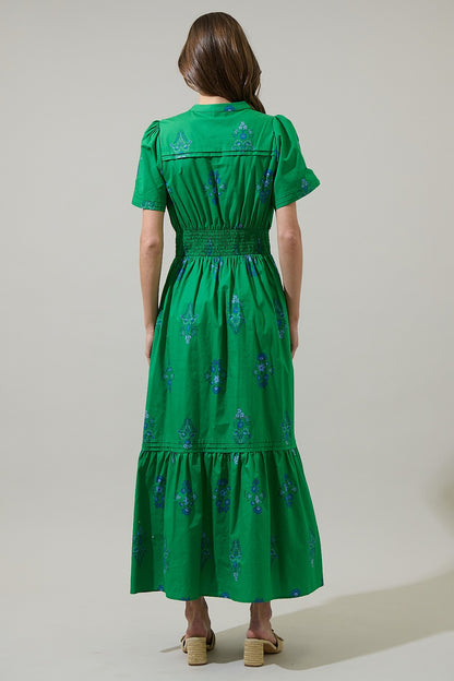100% cotton poplin – soft but structured
Smocked waistline for a flattering fit
Hidden side pockets
Split neckline
Single tier pleated hem detail
Kelly Green with blue floral details 
