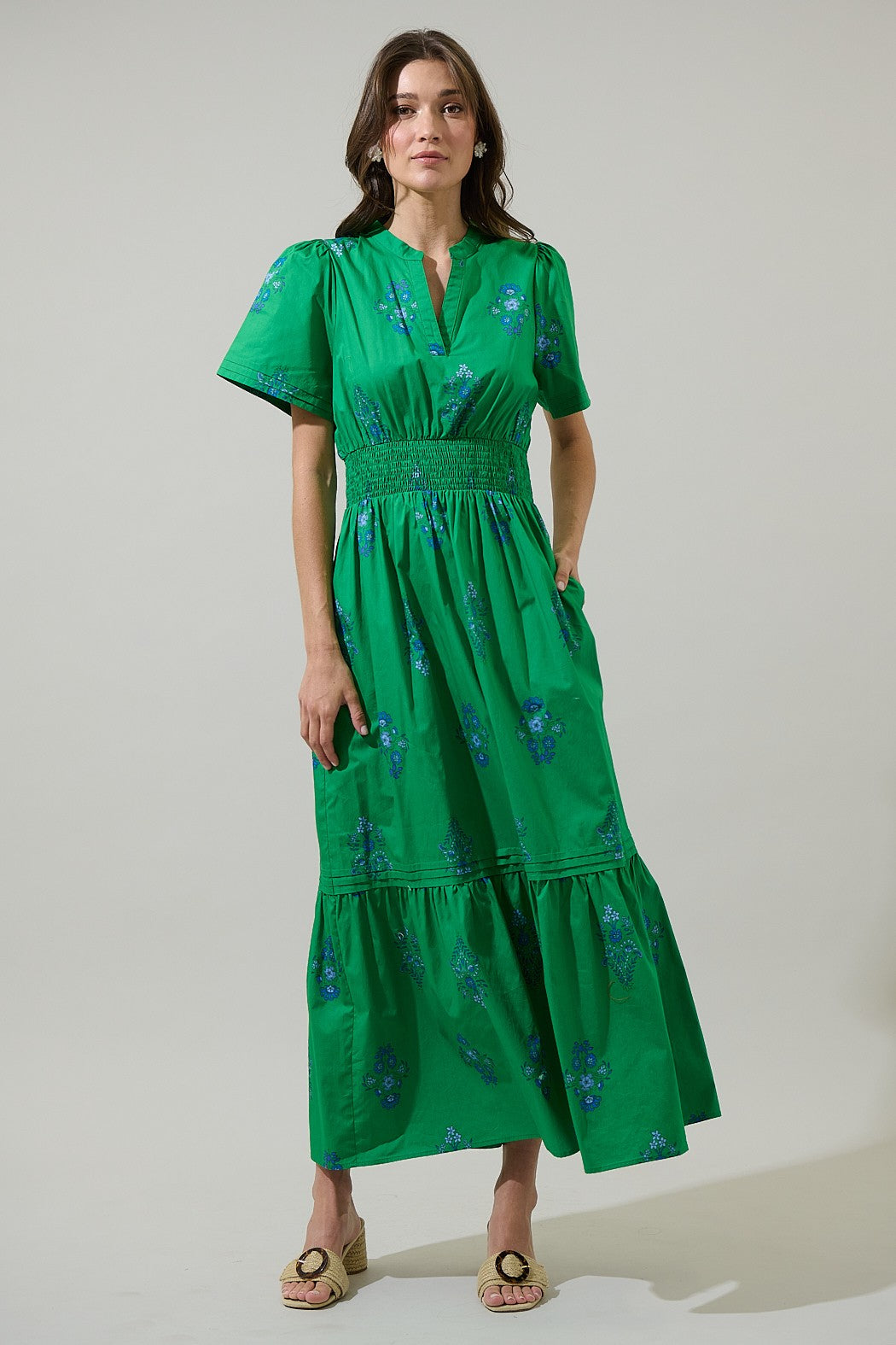 100% cotton poplin – soft but structured
Smocked waistline for a flattering fit
Hidden side pockets
Split neckline
Single tier pleated hem detail
Kelly Green with blue floral details 