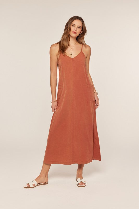 The Jovie Washed Overall Dress in Terracotta