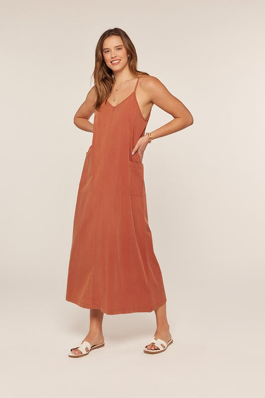 The Jovie Washed Overall Dress in Terracotta