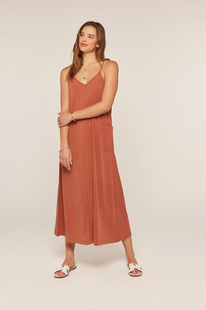 The Jovie Washed Overall Dress in Terracotta