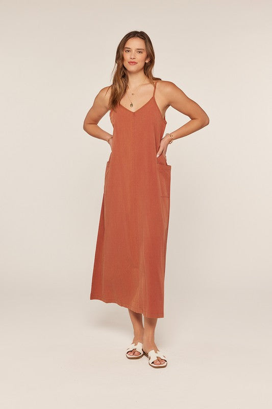 The Jovie Washed Overall Dress in Terracotta