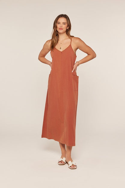 The Jovie Washed Overall Dress in Terracotta