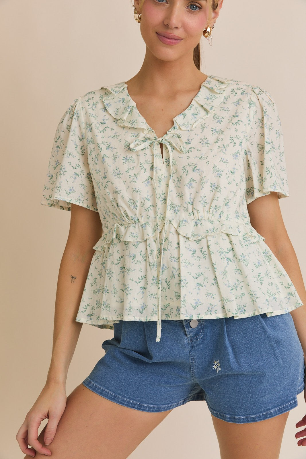 The June Top in Cream + Blue Floral