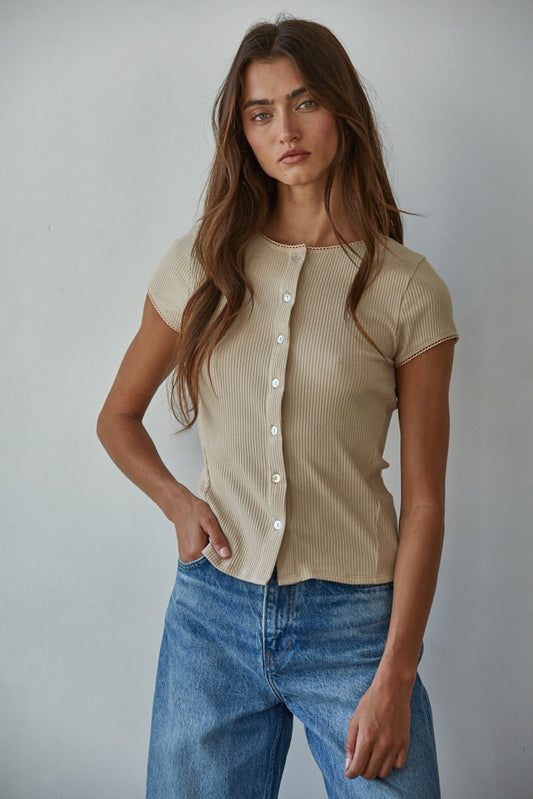 The Rosven Ribbed Cardigan Top in Beige