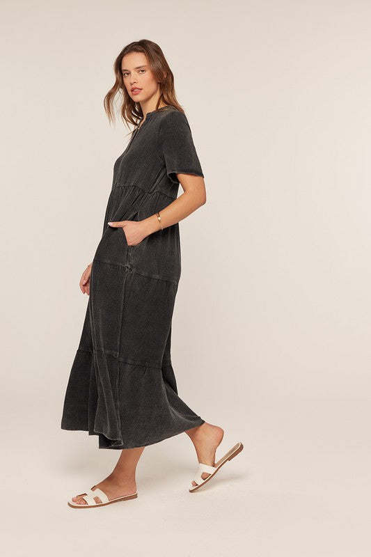 The Noor Washed Cotton Midi Dress in Black