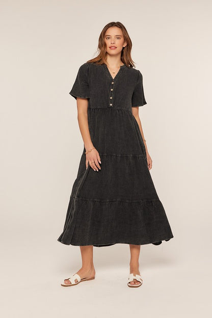 The Noor Washed Cotton Midi Dress in Black