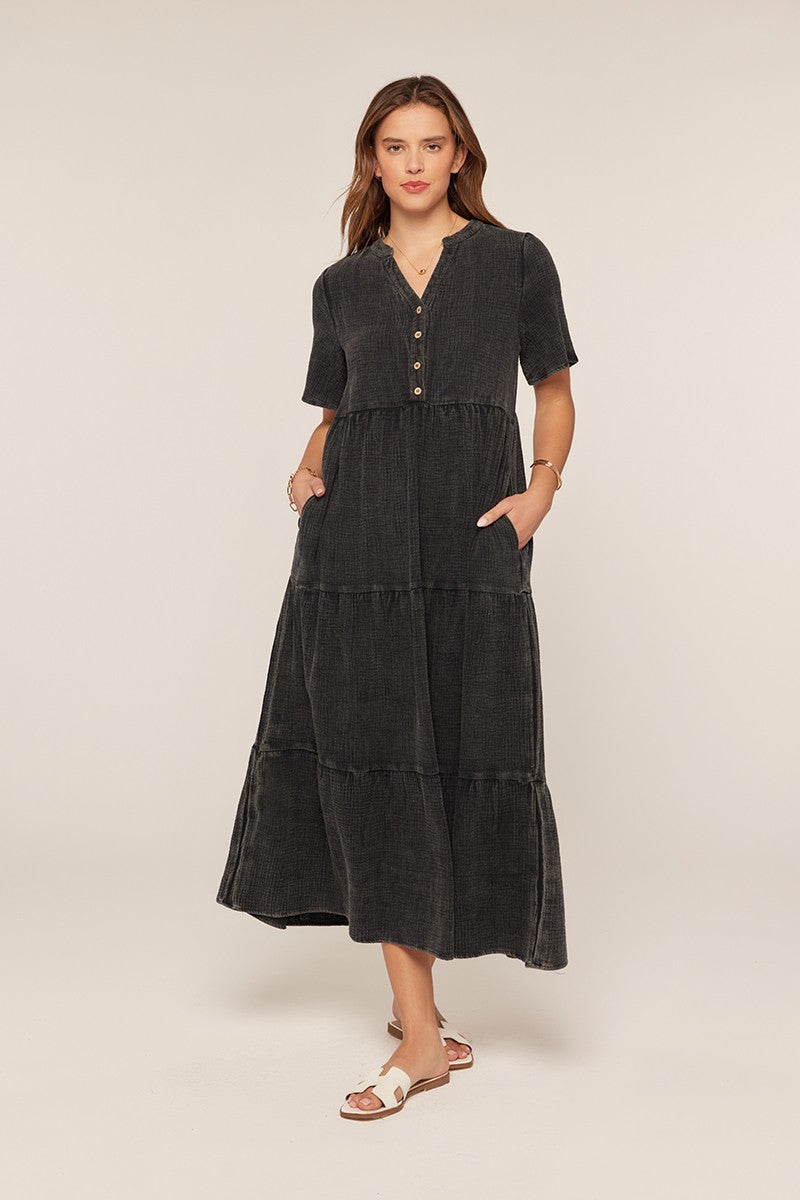 The Noor Washed Cotton Midi Dress in Black