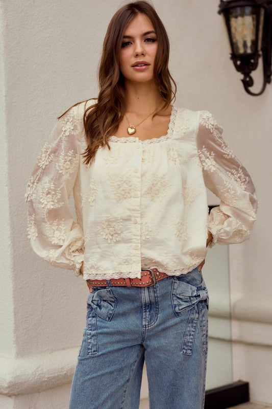 The Sylvie Lace Trim Blouse in Ivory