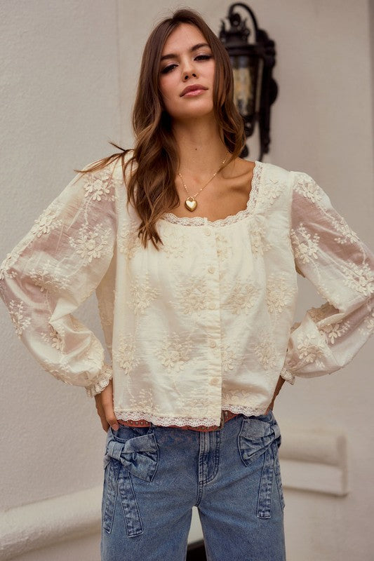 The Sylvie Lace Trim Blouse in Ivory