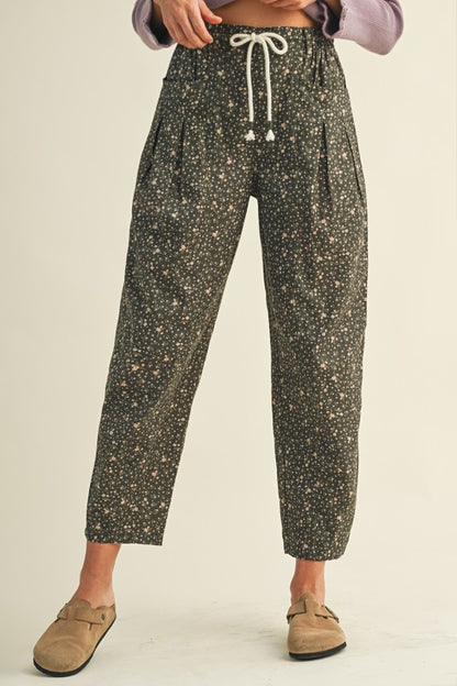 The Allora Ditsy Floral Barrel Pant in Deep Green