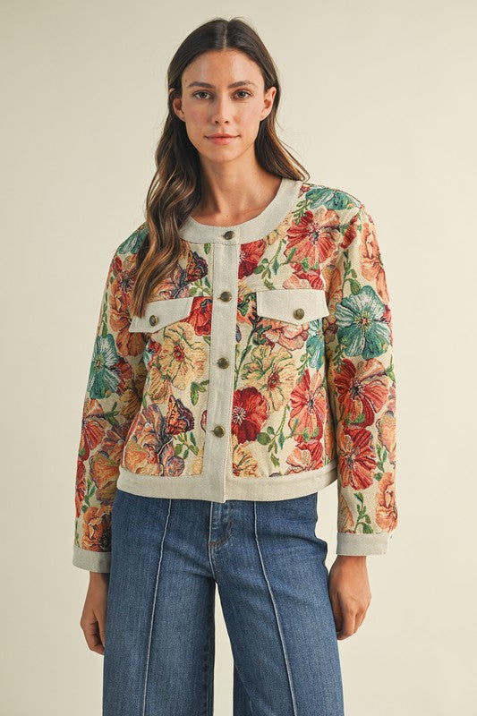 The Zinnia Flower Button Down Jacket In Stone Multi