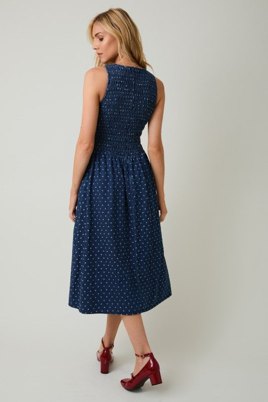 The Ivy Sleeveless Dress in Denim-Cream Dot