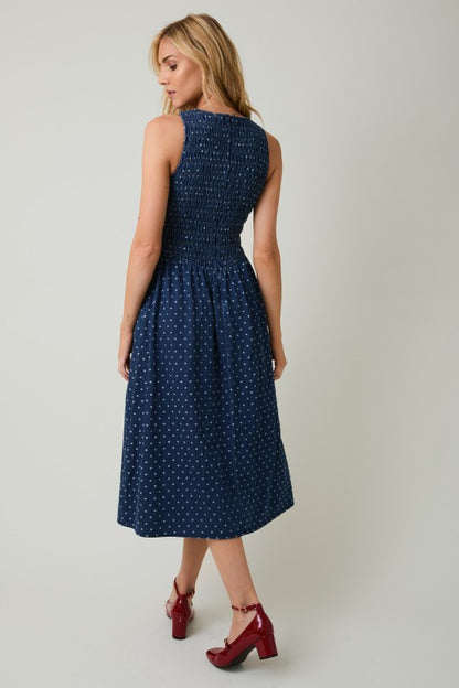 The Ivy Sleeveless Dress in Denim-Cream Dot
