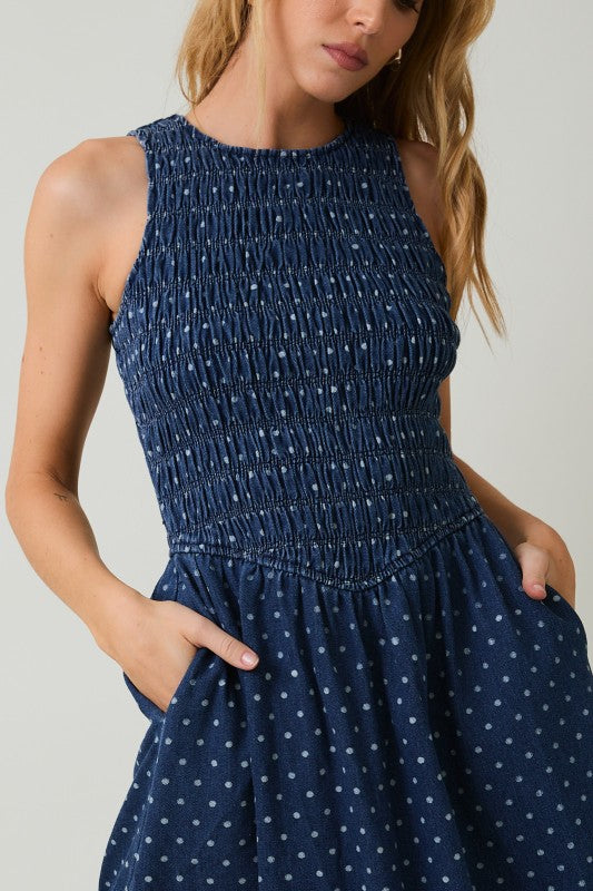 The Ivy Sleeveless Dress in Denim-Cream Dot