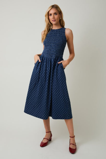The Ivy Sleeveless Dress in Denim-Cream Dot