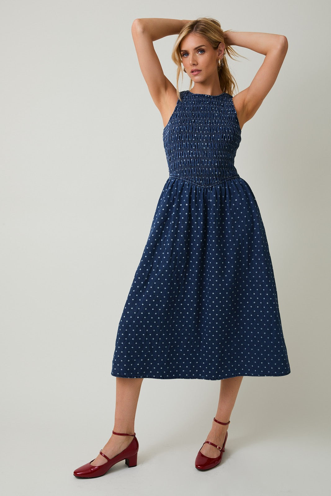 The Ivy Sleeveless Dress in Denim-Cream Dot