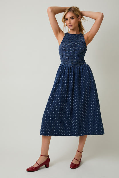 The Ivy Sleeveless Dress in Denim-Cream Dot