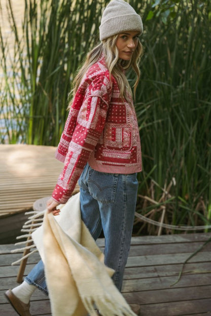 The Breena Bandana Patchwork Quilted Jacket in Red