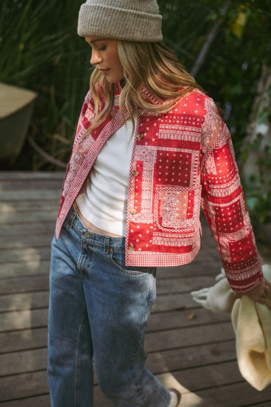 The Breena Bandana Patchwork Quilted Jacket in Red